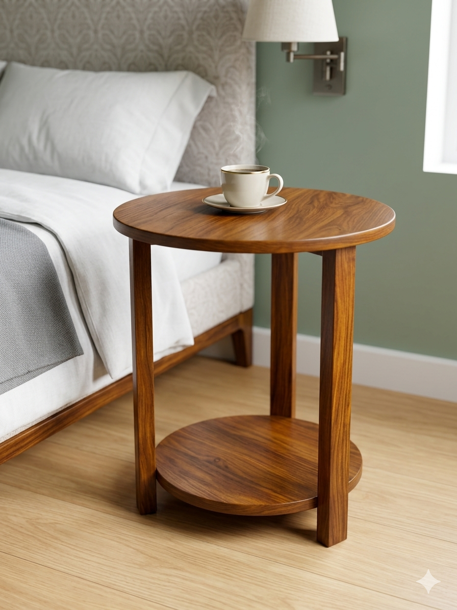 Round Wooden Tea Table with 3 Legs & Bottom Shelf | Compact Side Table for Bedroom & Living Room