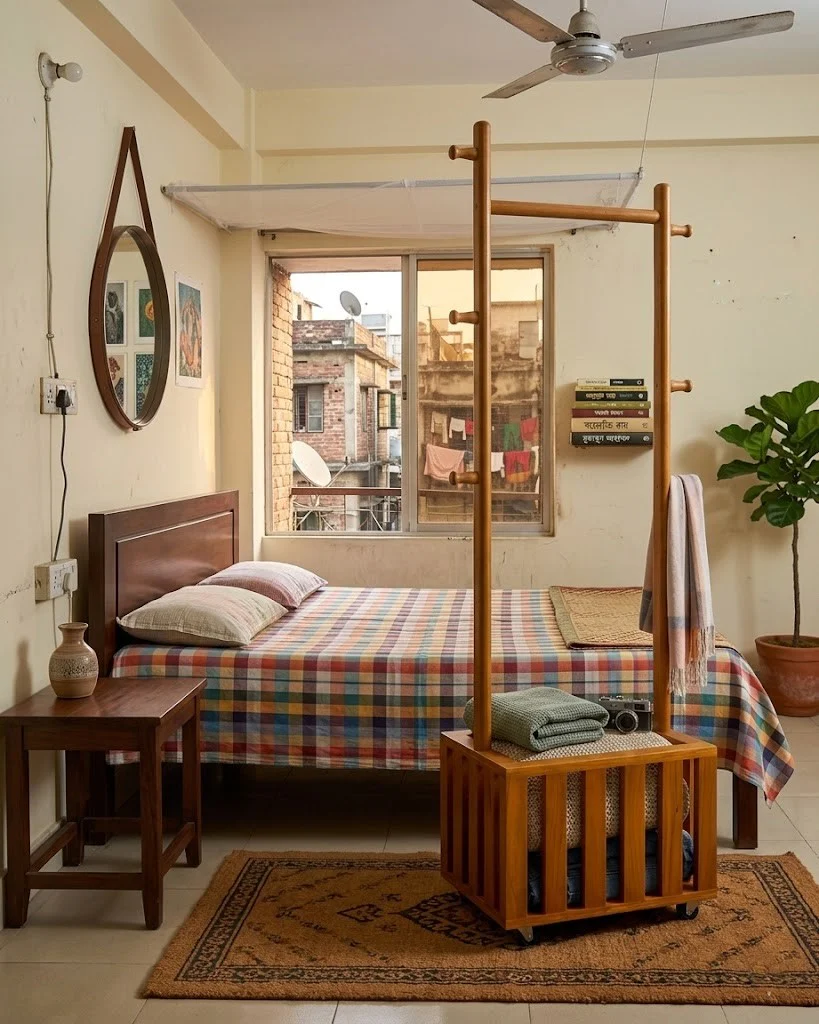 Wooden 360° Rotating Alna Stand with Wheels & Hanging Rod | Multi Functional Clothes Organizer